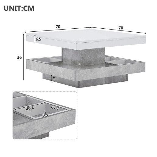 Mesa de centro giratoria quadrada de painel de partículas,branco+cinzento