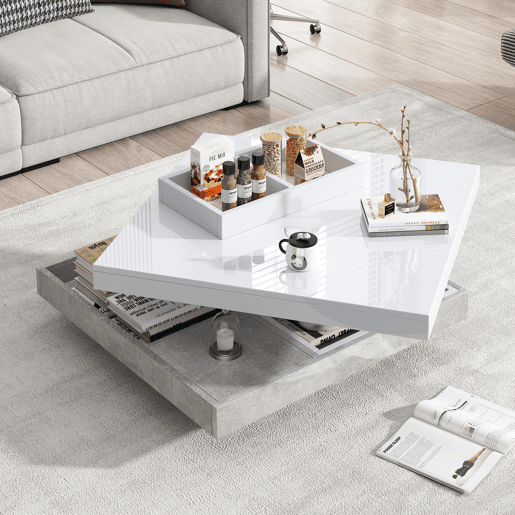 Mesa de centro giratoria quadrada de painel de partículas,branco+cinzento