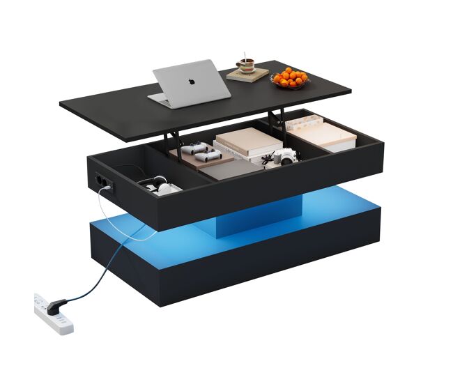 Mesa de centro elevable rectangular de panel de partículas con luz led,negro