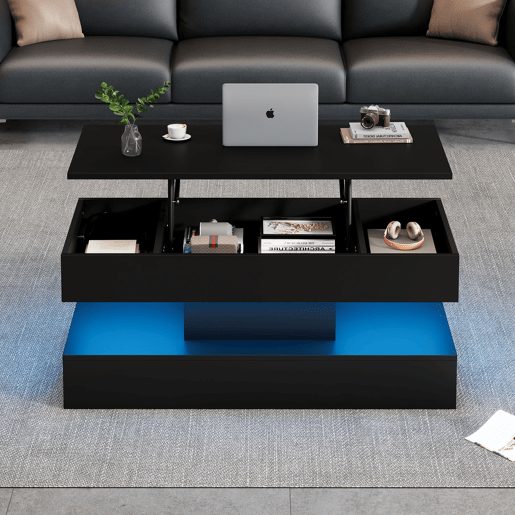 Mesa de centro elevável retangular de painel de partículas com luz led,preto