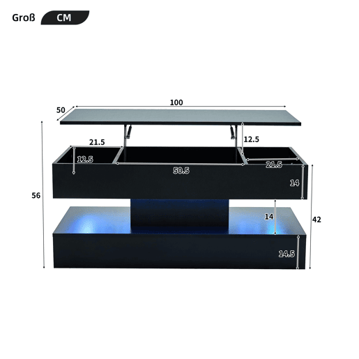 Mesa de centro elevável retangular de painel de partículas com luz led,preto