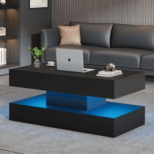 Mesa de centro elevável retangular de painel de partículas com luz led,preto