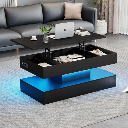 Mesa de centro elevável retangular de painel de partículas com luz led,preto