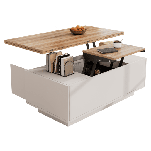 Mesa de centro elevável retangular de painel de partículas,branco+natural