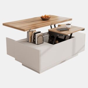 Mesa de centro elevável retangular de painel de partículas,branco+natural