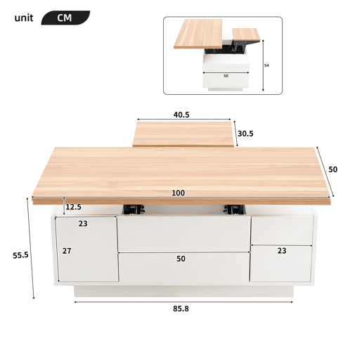 Mesa de centro elevável retangular de painel de partículas,branco+natural