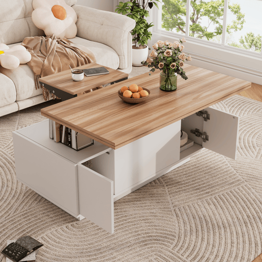 Mesa de centro elevável retangular de painel de partículas,branco+natural