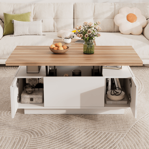 Mesa de centro elevável retangular de painel de partículas,branco+natural