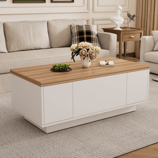 Mesa de centro elevável retangular de painel de partículas,branco+natural
