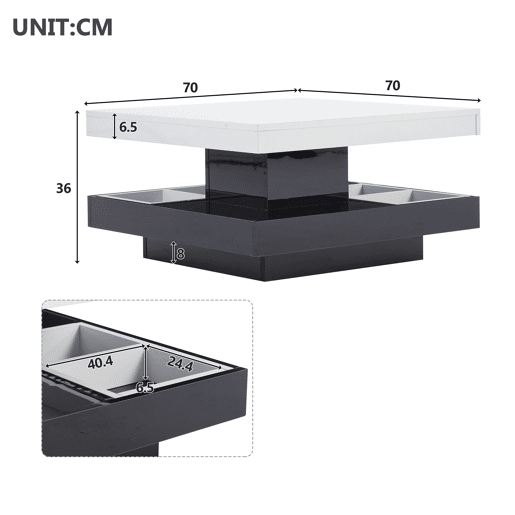 Mesa de centro giratoria quadrada de painel de partículas,branco+preto