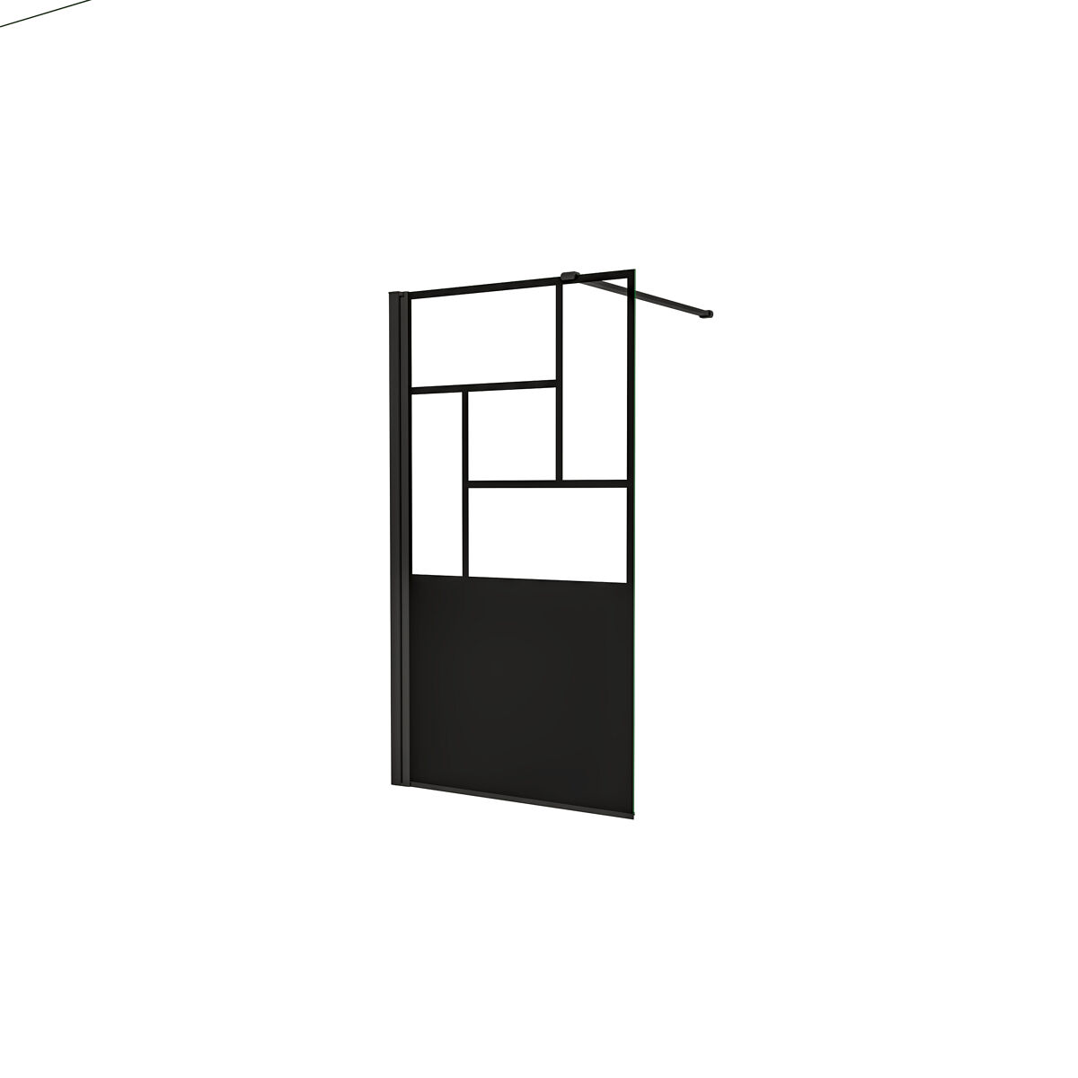 Mampara de ducha fija pantalla panel fijo estilo industrial cristal antical 8mm con barra1 90cm perfil negro mate,(877-900)x2000mm