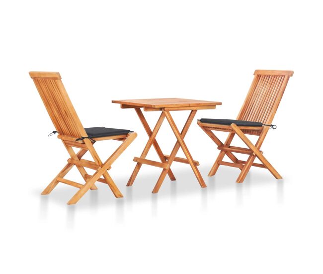 Set de bistró 3 pzas con cojines antracita madera maciza teca
