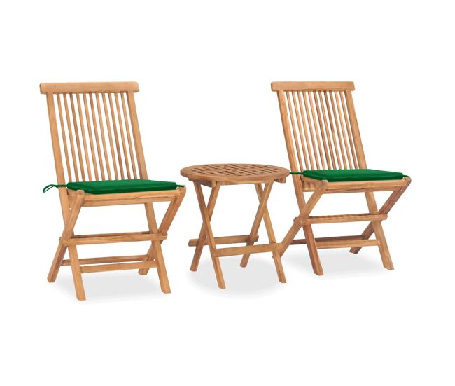 Set comedor de jardín plegable 3 piezas madera de teca cojines