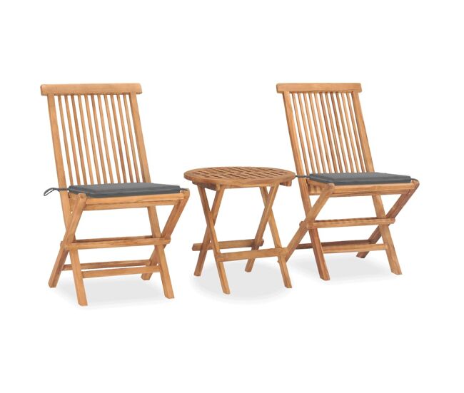 Set comedor de jardín plegable 3 piezas madera de teca cojines
