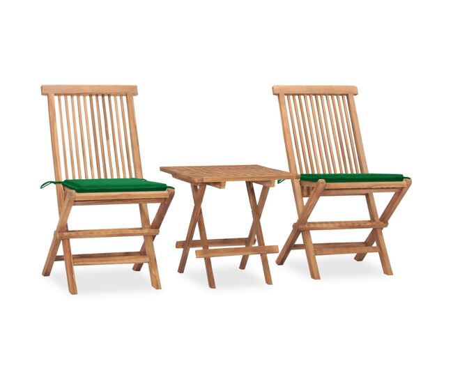 Set comedor de jardín plegable 3 piezas madera de teca cojines