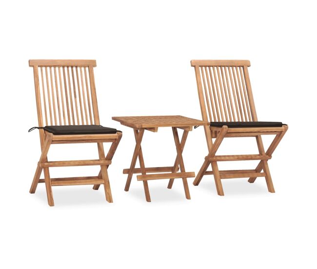 Set comedor de jardín plegable 3 piezas madera de teca cojines