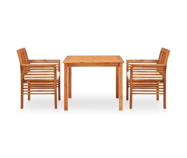 Set comedor de jardín 3 pzas y cojines madera maciza de acacia