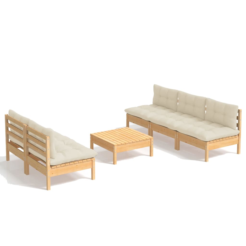 Muebles de jardín 6 piezas cojines madera de pino crema