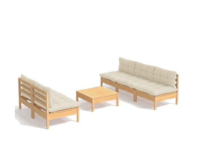 Muebles de jardín 6 piezas cojines madera de pino crema