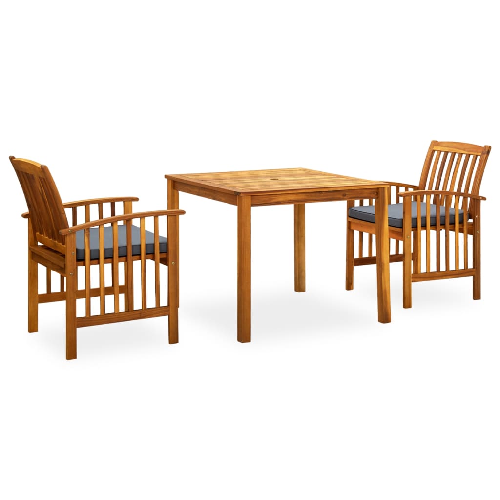 Set comedor de jardín 3 pzas y cojines madera maciza de acacia