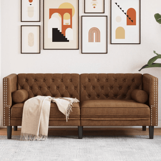 Sofá chesterfield 2 lugares - Sofá fixo com rolos camurça artif. castanho