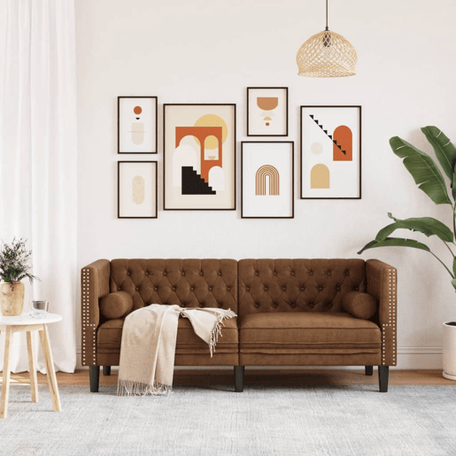 Sofá chesterfield 2 lugares - Sofá fixo com rolos camurça artif. castanho