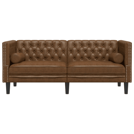 Sofá chesterfield 2 lugares - Sofá fixo com rolos camurça artif. castanho