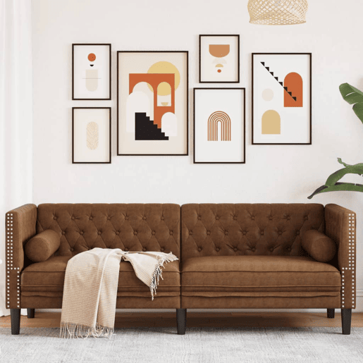 Sofá chesterfield com rolos 3 lugares - Sofá fixo camurça artif. castanho