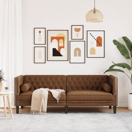 Sofá chesterfield com rolos 3 lugares - Sofá fixo camurça artif. castanho