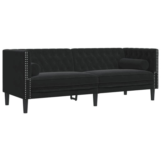 Sofá chesterfield 3 lugares - Sofá fixo com rolos veludo preto