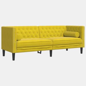 Sofá chesterfield 3 lugares - Sofá fixo com rolos veludo amarelo