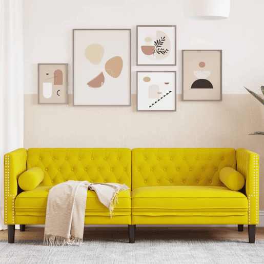 Sofá chesterfield 3 lugares - Sofá fixo com rolos veludo amarelo