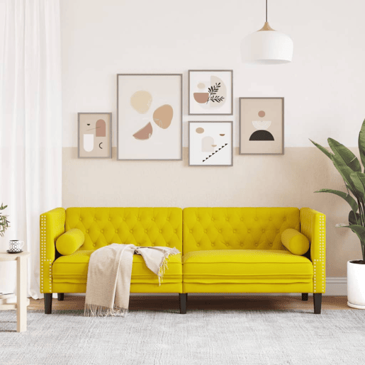 Sofá chesterfield 3 lugares - Sofá fixo com rolos veludo amarelo