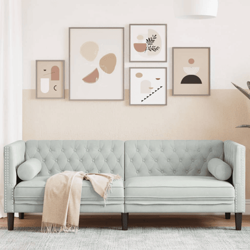 Sofá chesterfield 3 lugares - Sofá fixo com rolos veludo cinzento-claro