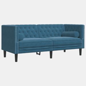 Sofá chesterfield 2 lugares - Sofá fixo com rolos veludo azul
