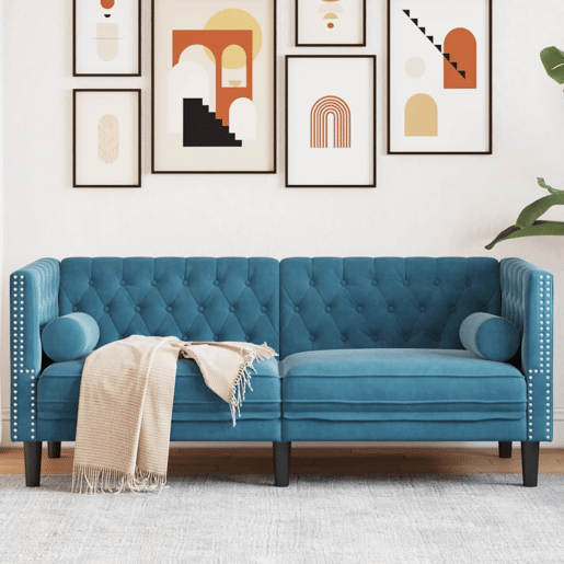 Sofá chesterfield 2 lugares - Sofá fixo com rolos veludo azul