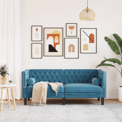 Sofá chesterfield 2 lugares - Sofá fixo com rolos veludo azul