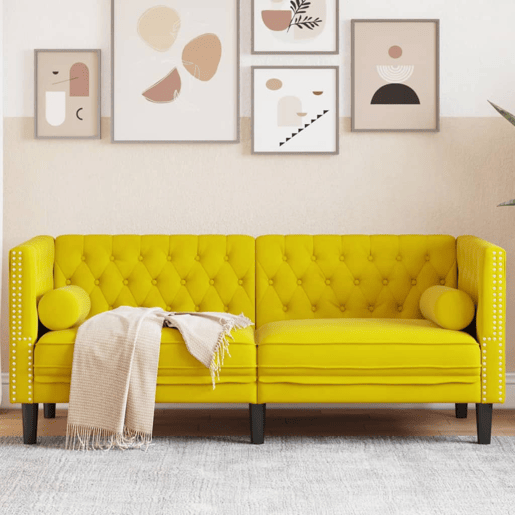 Sofá chesterfield 2 lugares - Sofá fixo com rolos veludo amarelo Sofá chesterfield 2 lugares - Sofá fixo com rolos veludo amarelo