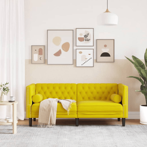 Sofá chesterfield 2 lugares - Sofá fixo com rolos veludo amarelo Sofá chesterfield 2 lugares - Sofá fixo com rolos veludo amarelo
