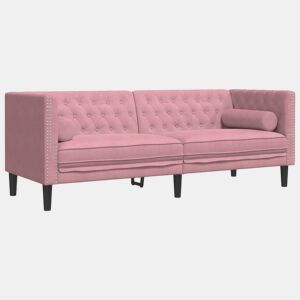 Sofá chesterfield 3 lugares - Sofá fixo com rolos veludo rosa