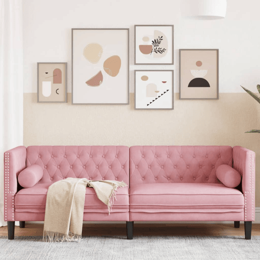 Sofá chesterfield 3 lugares - Sofá fixo com rolos veludo rosa