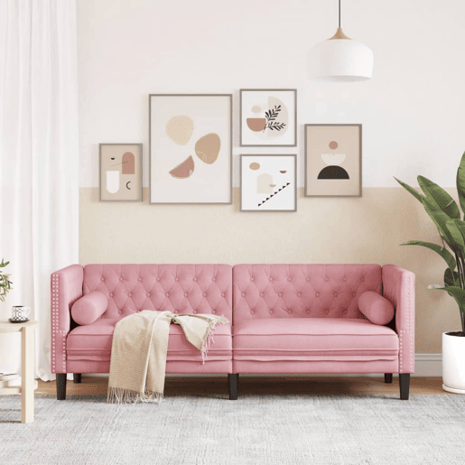 Sofá chesterfield 3 lugares - Sofá fixo com rolos veludo rosa