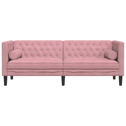Sofá chesterfield 3 lugares - Sofá fixo com rolos veludo rosa