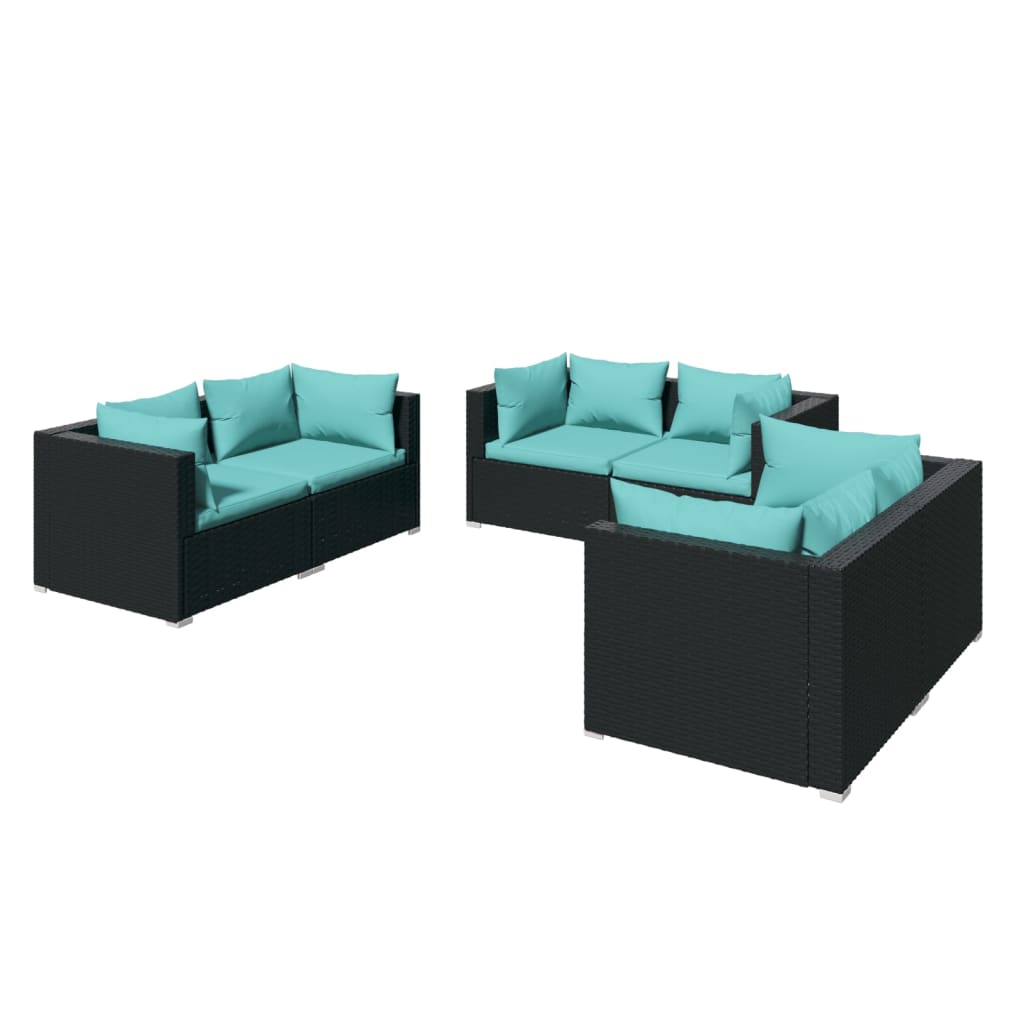 Set de muebles de jardín 6 pzas y cojines ratán sintético negro