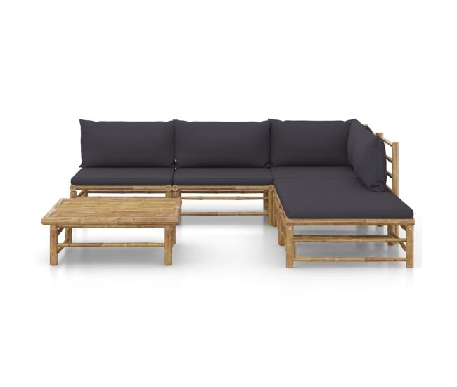 Set de muebles de jardín 6 piezas bambú y cojines gris oscuro
