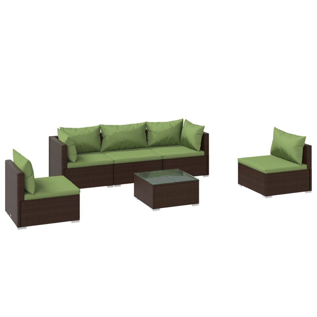 Set muebles de jardín 6 piezas y cojines ratán sintético marrón