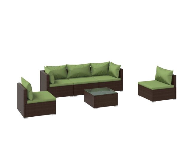 Set muebles de jardín 6 piezas y cojines ratán sintético marrón