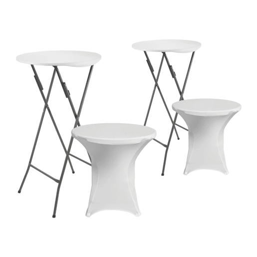 O Conjunto de 2 Mesas Redondas Dobráveis u200Bu200Bcom Capa da 7house é a solução ideal para dar um toque elegante e uniforme aos seus eventos.