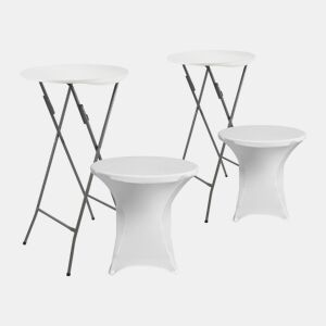 O Conjunto de 2 Mesas Redondas Dobráveis u200Bu200Bcom Capa da 7house é a solução ideal para dar um toque elegante e uniforme aos seus eventos.