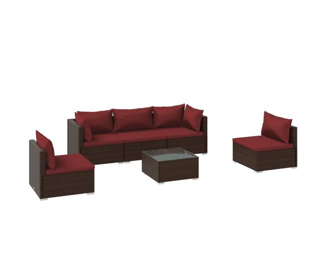 Set muebles de jardín 6 piezas y cojines ratán sintético marrón